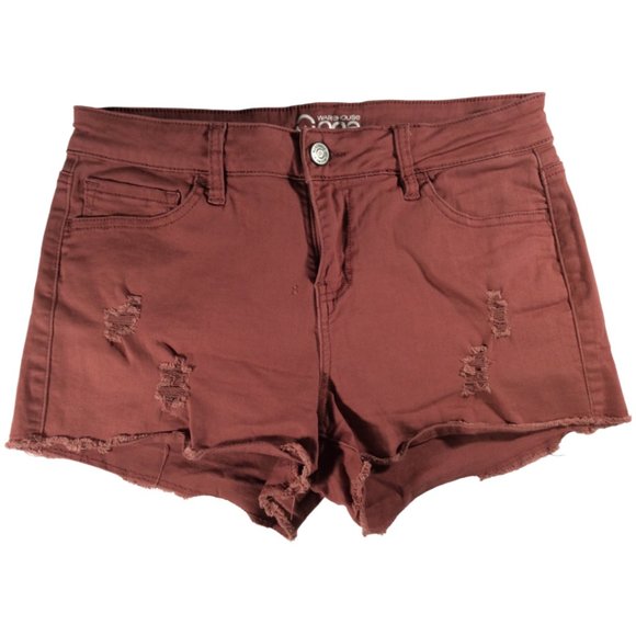 Burgundy Distressed Denim Short w/ Frayed Hem - Picture 1 of 2